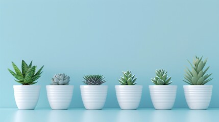 Obraz premium 07240954 115. Chic white pots with attractive plants, positioned against a pastel sky blue background, ensuring a clear, open space at the bottom for text placement