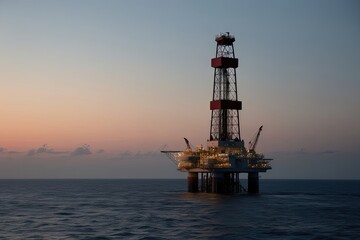 Obraz premium Offshore Oil Drilling Rig Silhouette Against Dusk Sky in Gulf of Mexico