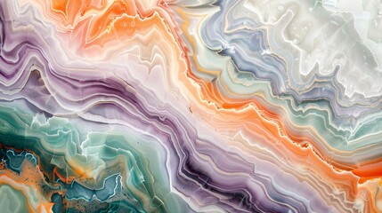 Obraz premium 07240954 120. Captivating marble-textured painting with a palette of green, peach, orange, and purple, the colors blending and flowing together in intricate, wave-like patterns, creating a stunning