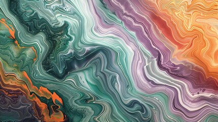 07240954 120. Captivating marble-textured painting with a palette of green, peach, orange, and purple, the colors blending and flowing together in intricate, wave-like patterns, creating a stunning