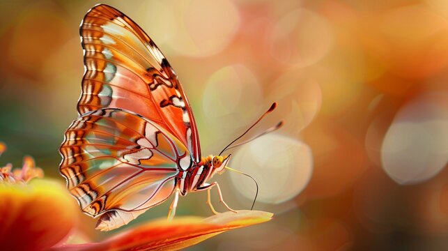 07240954 125. Stunning butterfly with elaborate wing designs, perched on a petal, highlighted by a softly blurred floral background with warm, inviting hues