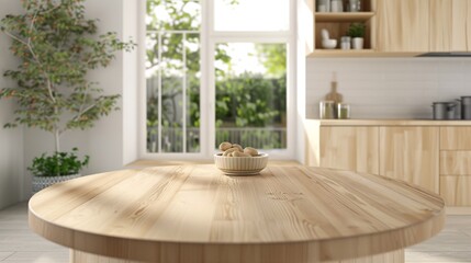 Fototapeta premium 07240954 133. Beautifully crafted round wooden tabletop in a bright and tidy kitchen, surrounded by stylish cabinetry, polished countertops, and a serene ambiance created by soft, natural lighting