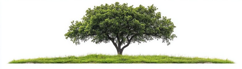 Fototapeta premium A lush green tree standing proudly on an island of grass, symbolizing nature, life, and tranquility against a white background.