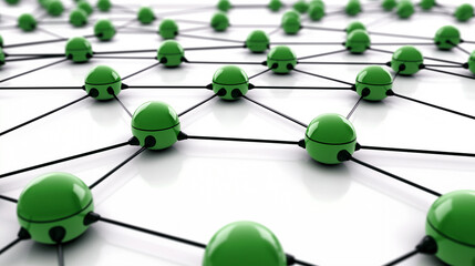 Obraz premium 3d Social networking green plastic nodes background, interconnected by lines to form a grid structure, indicating interconnections and relationships in the social community or business