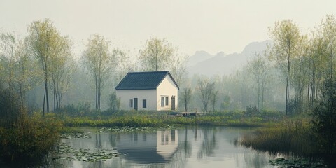 Obraz premium A serene landscape featuring a quaint house by a tranquil pond surrounded by lush trees in soft morning light.
