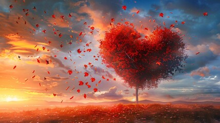 07240954 149. Captivating sunset view with a striking heart-shaped tree in rich red tones, surrounded by gently falling foliage, symbolizing love and romance under a stunning, colorful sky