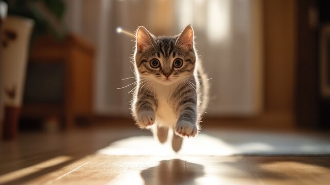 Adorable cat playing with a laser pointer, jumping and chasing, eyes wide with excitement, indoor setting