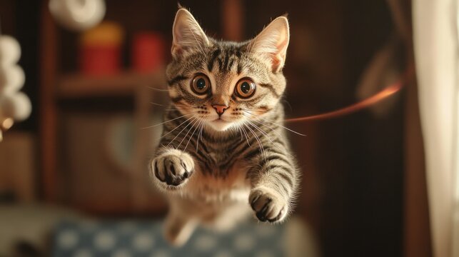 Adorable cat playing with a laser pointer, jumping and chasing, eyes wide with excitement, indoor setting