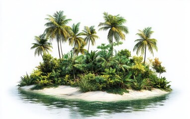 Fototapeta premium A serene tropical island with lush greenery, palm trees, and calm waters, perfect for relaxation and adventure.