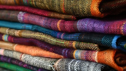 A stack of lively highly colored wool silk scarves with Inca origins