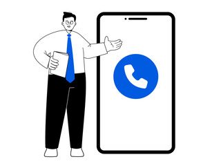 Business professional corporate help call center dial display smartphone mobile phone icon technical support standing in front of large screen