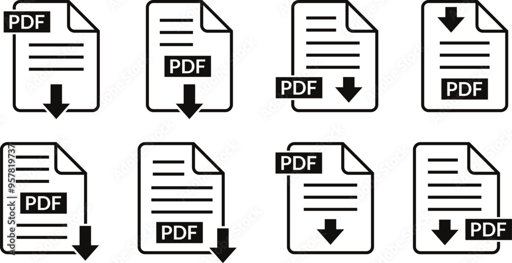 Aufkleber pdf file download symbols set, pdf document text, web format information, pdf file black icon set ve