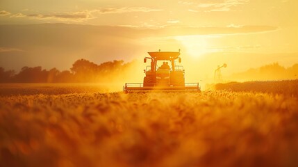 Fototapeta premium 07240954 169. Tractor and harvester in action on a soybean farm, with a farmer expertly maneuvering the equipment, all set against a stunning spring sunset that casts a golden light over the field