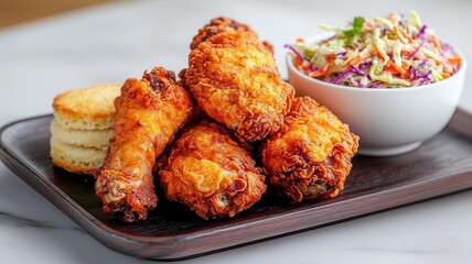 Southern American fried chicken with a goldenbrown crispy coating, served with buttermilk biscuits and coleslaw, comforting and delicious