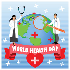 A pair of doctors standing in front of a globe. Checking the health of the earth with a stethoscope. World Health Day concept. Flat vector illustration.