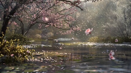 Naklejka premium 07240954 182. The landscape transitions from winter to spring, with melting snow revealing fresh shoots and blossoms, bathed in a gentle glow that heralds renewal and growth