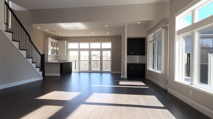 An empty new house ready for inspection, with clear views of open spaces, modern design elements, and natural light streaming through large windows