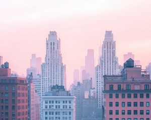 Obraz premium Panoramic view of urban skyline at sunrise, showcasing stunning architecture and soft pastel colors in the morning light.