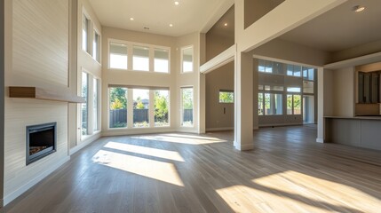 Fototapeta premium An empty new house ready for inspection, with clear views of open spaces, modern design elements, and natural light streaming through large windows