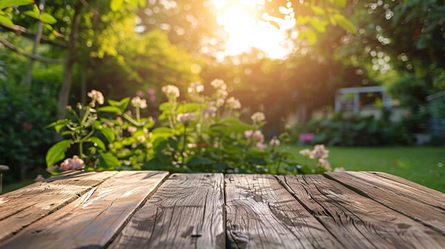 07240954 193. A smooth wooden table in the foreground, with a blurred background of a sunlit garden, capturing the essence of a tranquil and relaxed environment