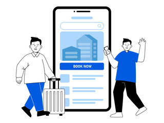 Hotel booking order room for stay during travel using smartphone large phone screen smartphone screen black white blue illustration