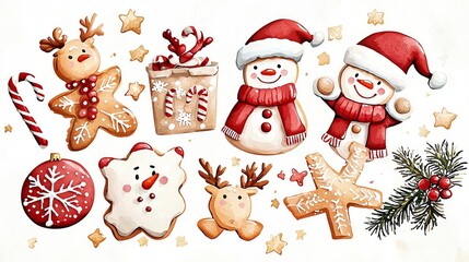 Fototapeta premium Christmas cookies, decorated with icing, festive treats, Watercolor style