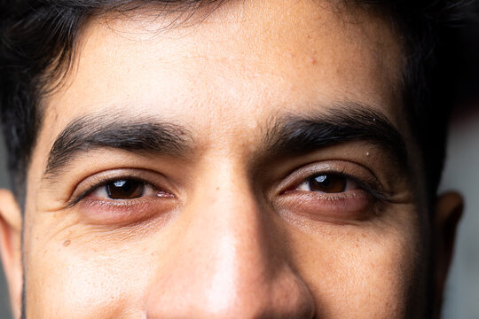 Close-up of Indian man's eyes and nose, focusing on facial features and expression