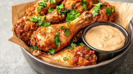 Fototapeta premium Closeup of Egyptian fried chicken, with a cumin and coriander spice mix, served with tahini dipping sauce