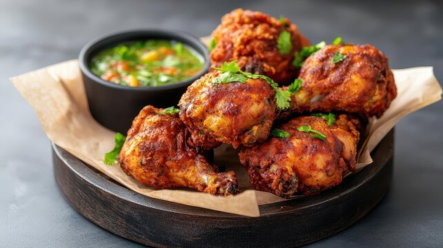 Haitian fried chicken poul fri, marinated in epis herb paste and citrus, deepfried until golden brown, served with pikliz