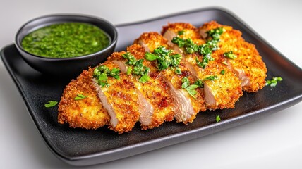 Argentinian fried chicken milanesa, with a thin, crispy breadcrumb coating, served with a side of chimichurri sauce
