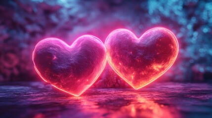 Obraz premium 3D render of an abstract neon background featuring two glowing hearts linked by a modern minimal line art representing Valentine's Day romantic symbols.