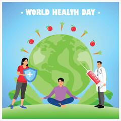 A group of people living a healthy lifestyle with health insurance. Maintain life balance. World Health Day concept. Flat vector illustration.