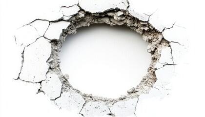 Fototapeta premium A close-up of a circular hole in cracked white plaster, showcasing intricate textures and patterns, perfect for backgrounds or design.