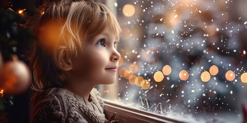 A child gazing out a window, with snowflakes falling and warm yellow lights in the background. Concept of winter wonder, festive season