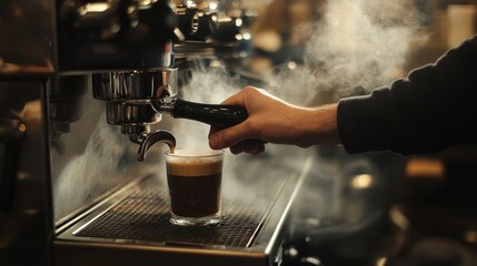 A barista pulling an espresso shot, with steam and coffee machine details visible