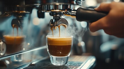 A barista pulling an espresso shot, with steam and coffee machine details visible