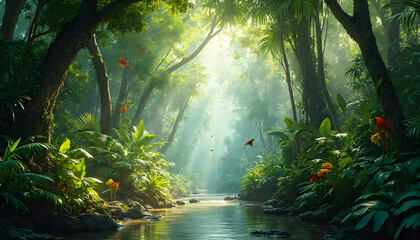Fototapeta premium Sunlight Streaming Through Lush Tropical Jungle and Calm River
