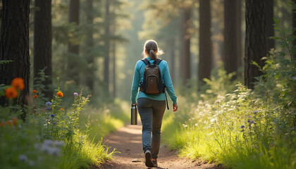 Obraz premium Man Walking Along a Forest Path Surrounded by Nature