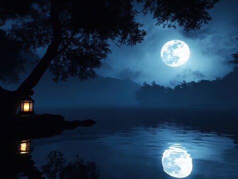 A serene night scene featuring a glowing moon reflecting on calm water, framed by trees and a lantern, creating a tranquil atmosphere.