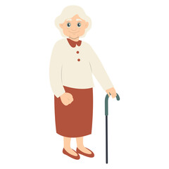 Old Person Cartoon Character with Stick. Flat Vector Illustration Isolated on White Background