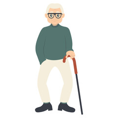 Old Person Cartoon Character with Stick. Flat Vector Illustration Isolated on White Background