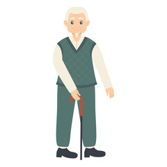 Old Person Cartoon Character with Stick. Flat Vector Illustration Isolated on White Background