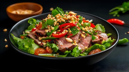 Appetizing Sliced Grilled Beef Thai Salad on Wooden Table