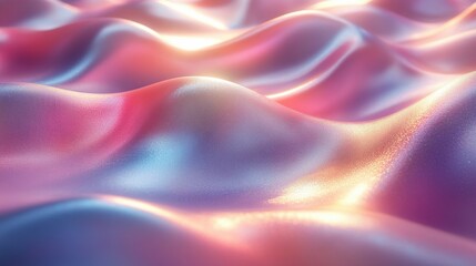 Obraz premium 3D render of a wavy liquid background in ultraviolet holographic foil with a petrol surface. Features pink, blue, and yellow iridescent textures, macro ripples, and a trendy pastel rainbow design.