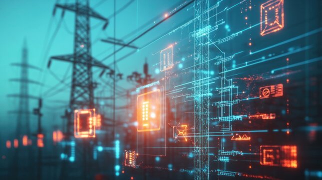 A close-up of a digital interface showing an attempted cyber-attack on the electrical grid, warning alerts flashing,