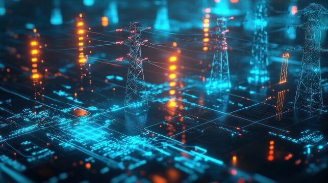 A close-up of a digital interface showing an attempted cyber-attack on the electrical grid, warning alerts flashing,