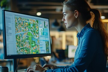 A female urban planner evaluating land use on a computer screen. She’s analyzing data and creating reports