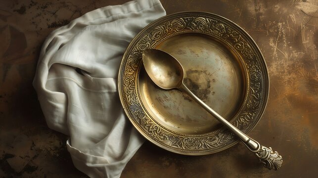 A tablespoon and an antiqued plate are set on a bronze surface with a silver towel tacked round them
