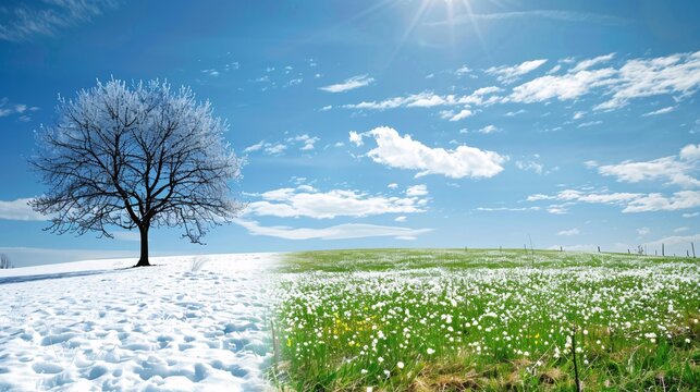 07240954 261. A captivating landscape illustrating the transition from winter to spring, with one half covered in snow and bare trees, and the other half blossoming with green grass and flowers under