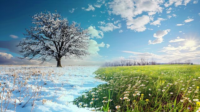 07240954 261. A captivating landscape illustrating the transition from winter to spring, with one half covered in snow and bare trees, and the other half blossoming with green grass and flowers under